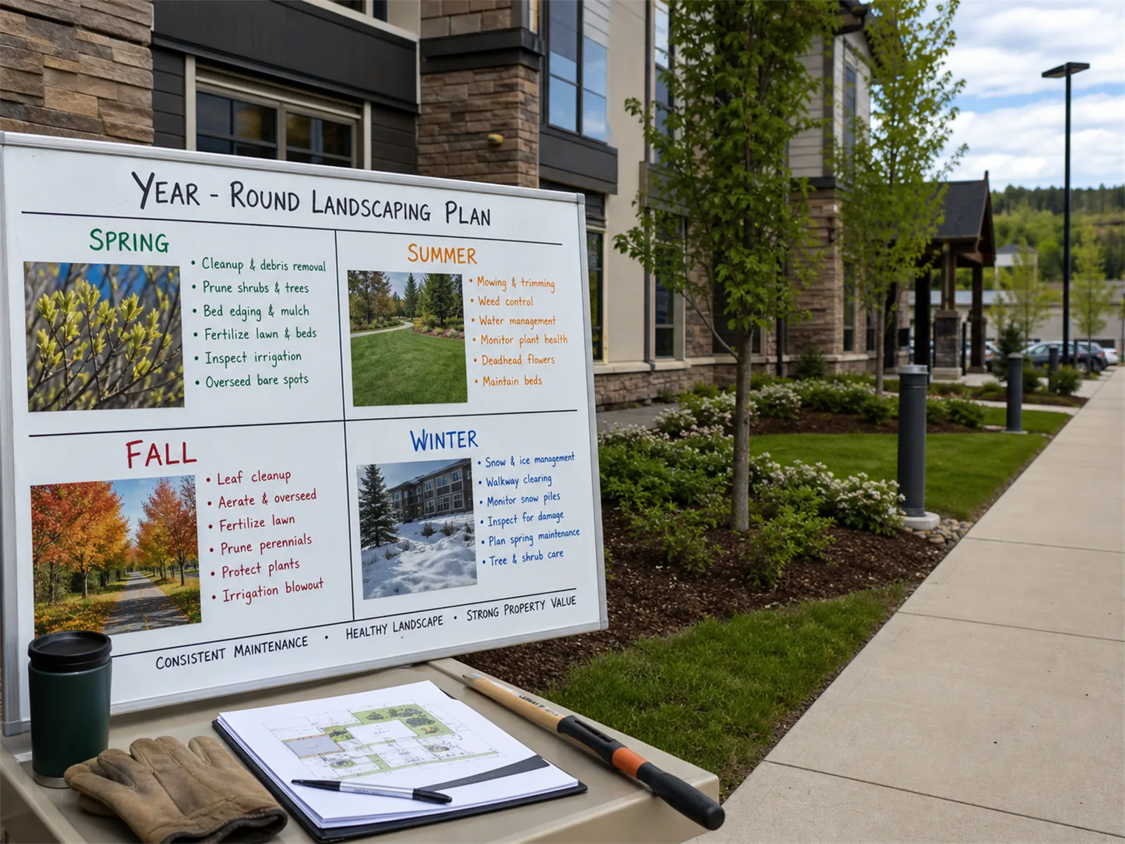 Property managers get better results when landscaping is planned year-round.