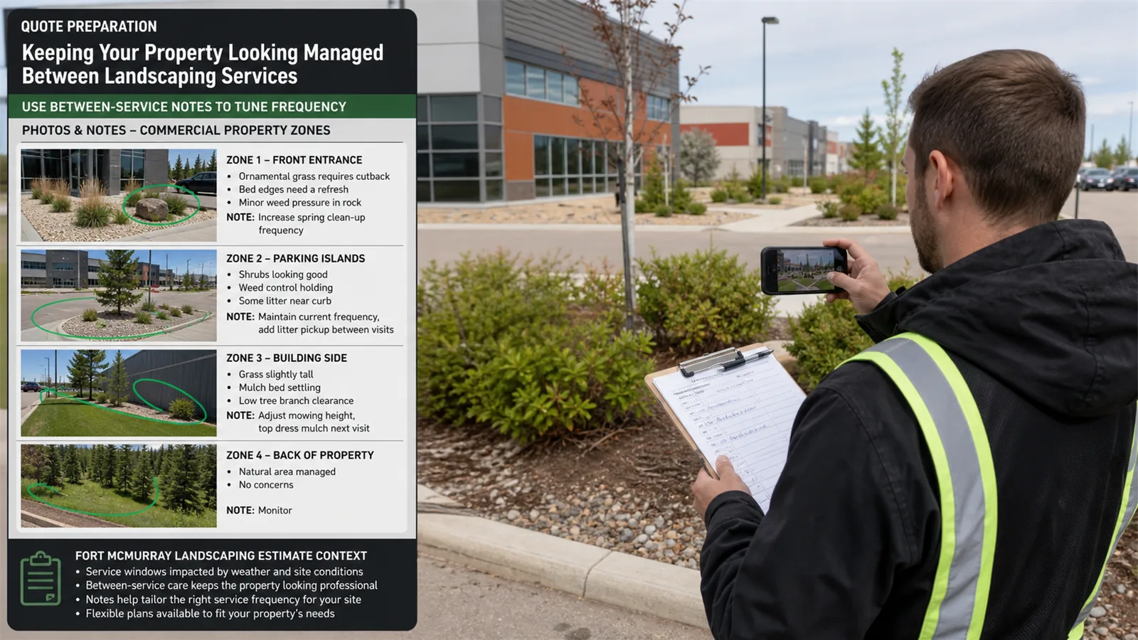 Photos and short notes help LawnSharks price keep a Commercial Property Looking Managed Between Services with less back-and-forth.
