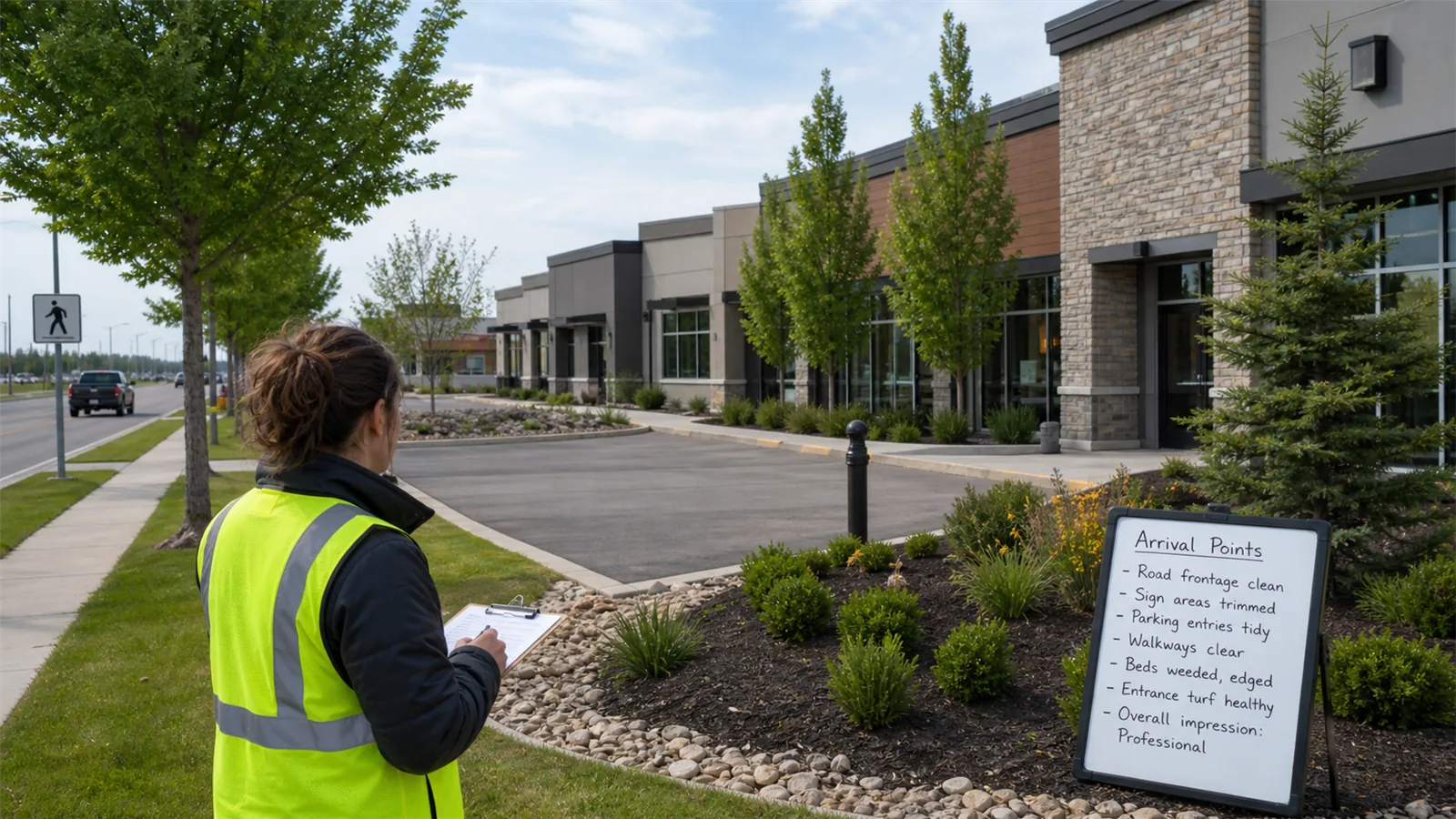 The first pass should connect commercial curb appeal and arrival experience to the parts of the property people actually use.