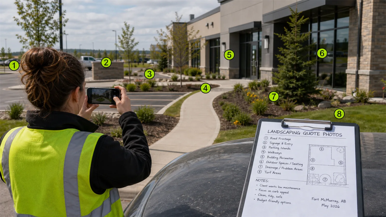 arrival-path photos that show what visitors actually see when they approach the building.