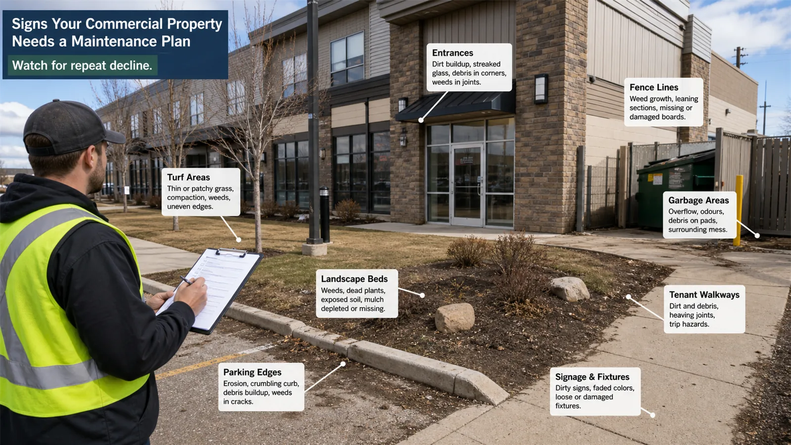 The first pass should focus on the areas where signs Your Commercial Property Needs a Maintenance Plan changes access, appearance, or timing.