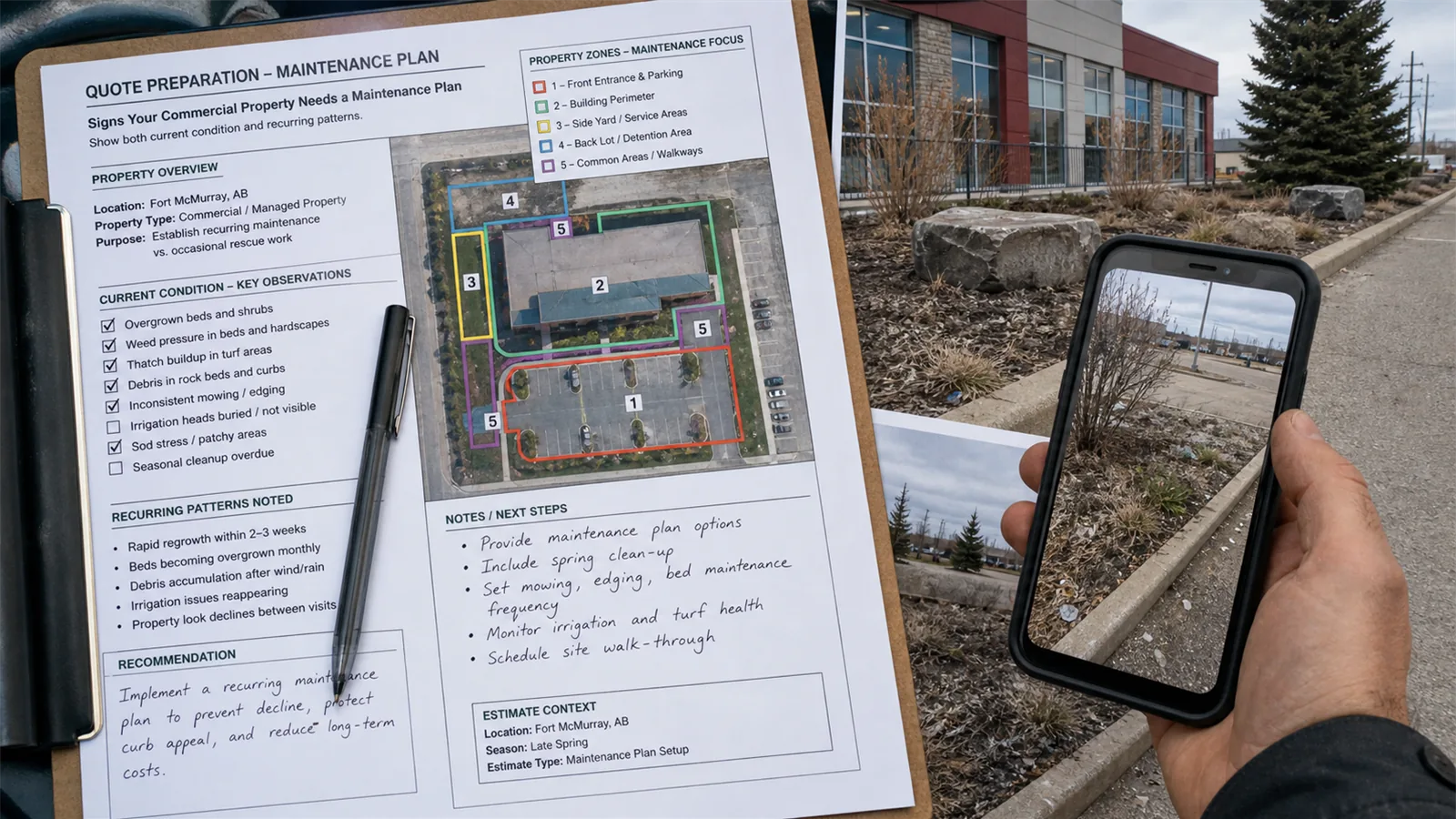 Photos and short notes help LawnSharks price signs Your Commercial Property Needs a Maintenance Plan with less back-and-forth.