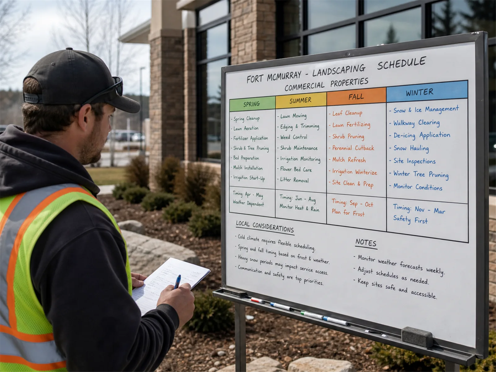 Local timing affects when commercial landscaping can be scheduled.