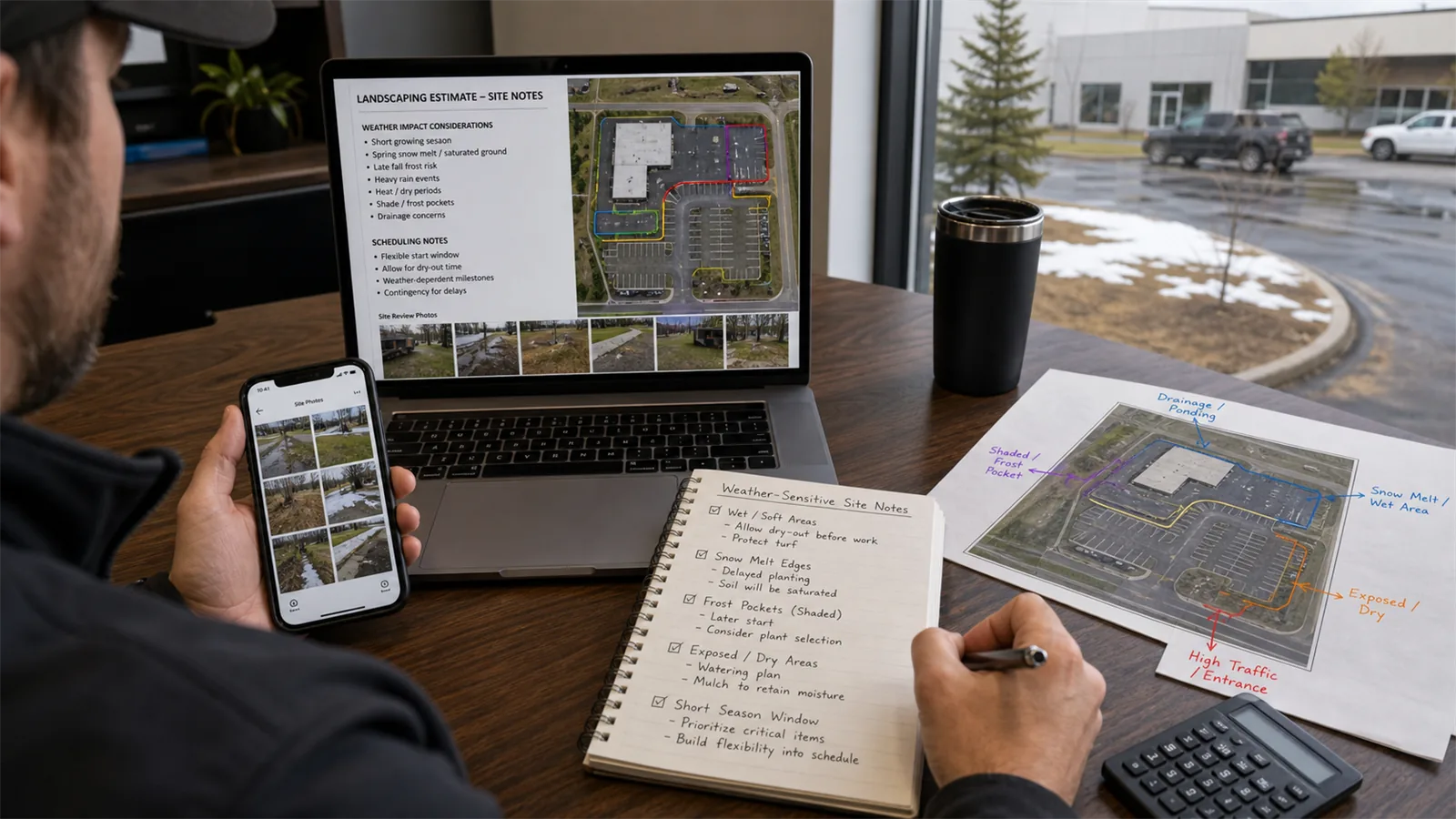 weather-sensitive site photos with notes about ground condition, access, and service timing.