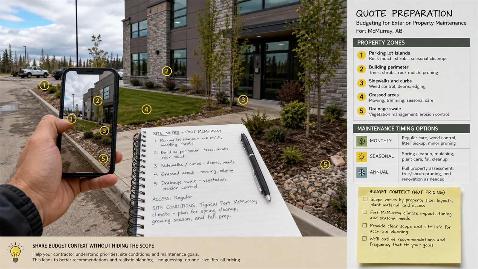 Photos and short notes help LawnSharks price budget for Commercial Property Maintenance with less back-and-forth.