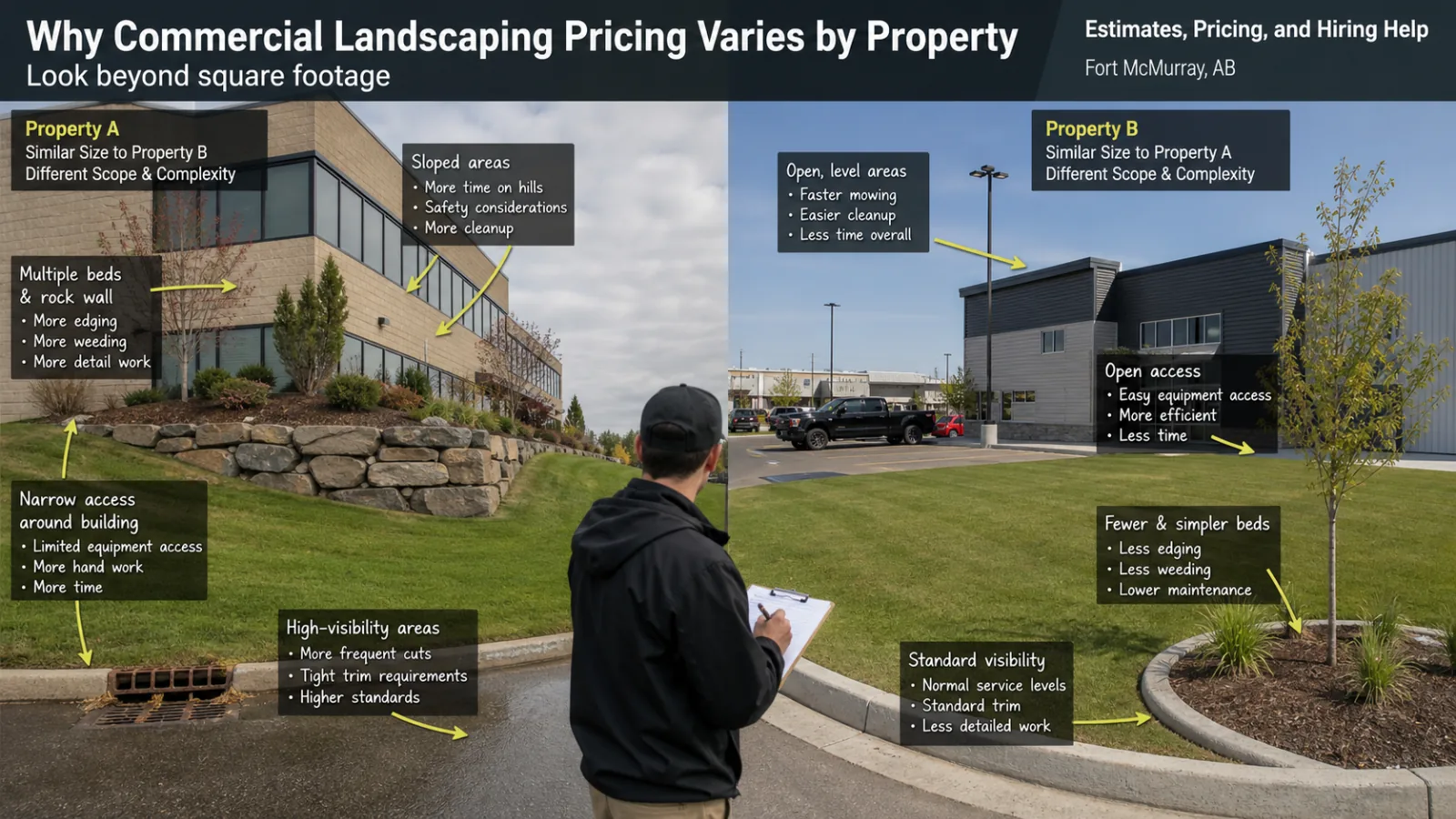 The first pass should connect commercial landscaping price differences to the parts of the property people actually use.