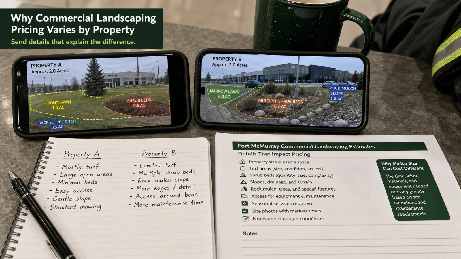 photos and notes that explain why one property takes more time, equipment, or finishing than another.