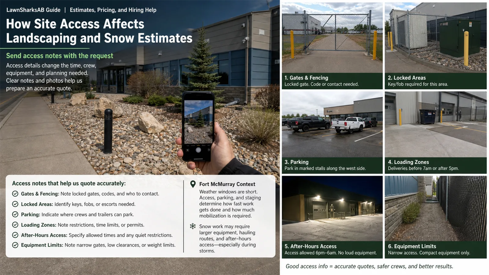 photos of access points and restrictions with notes about hours, locks, parking, tenants, and snow routes.