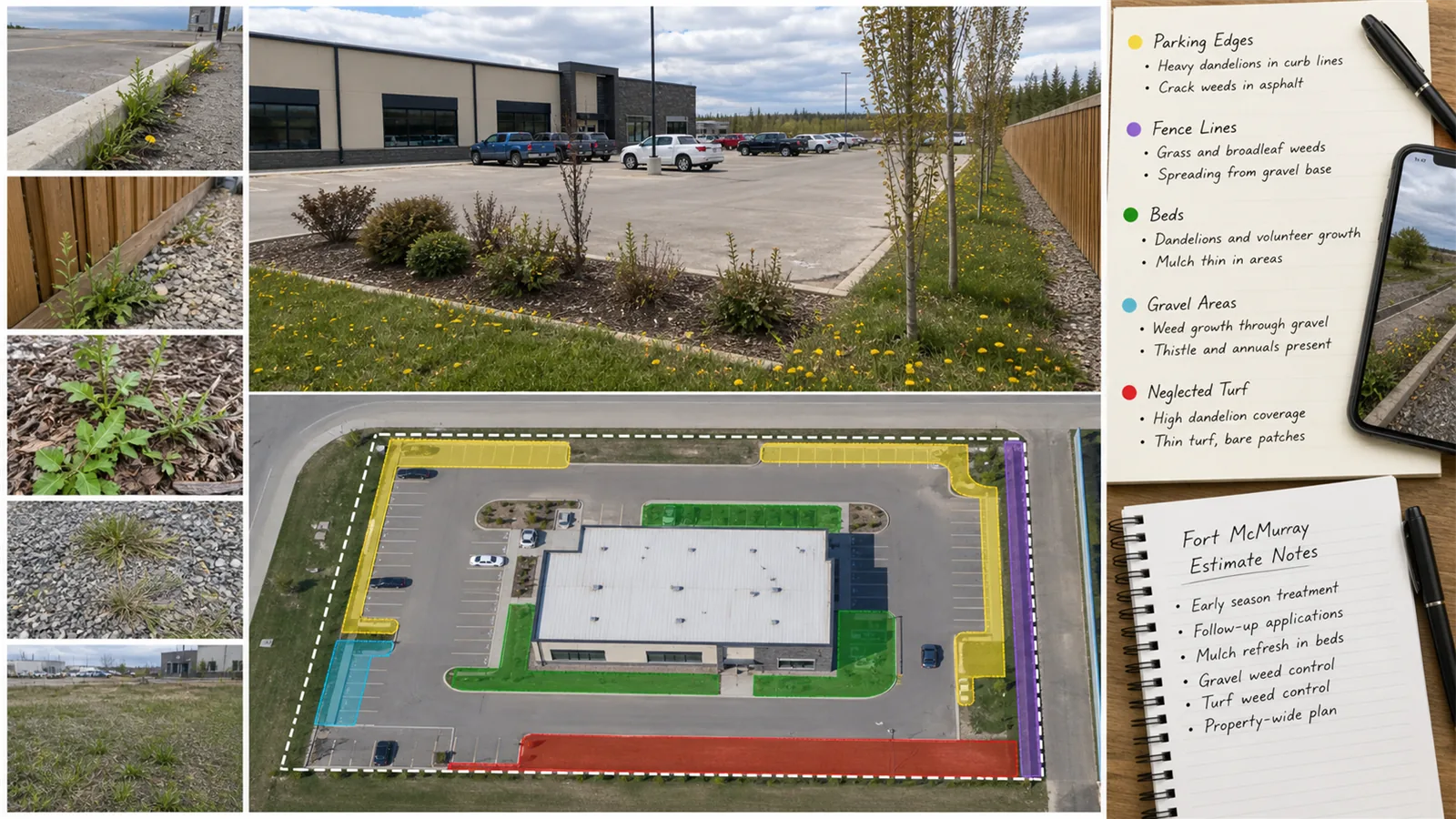 Photos and short notes help LawnSharks price common Weed Problems on Commercial Properties with less back-and-forth.
