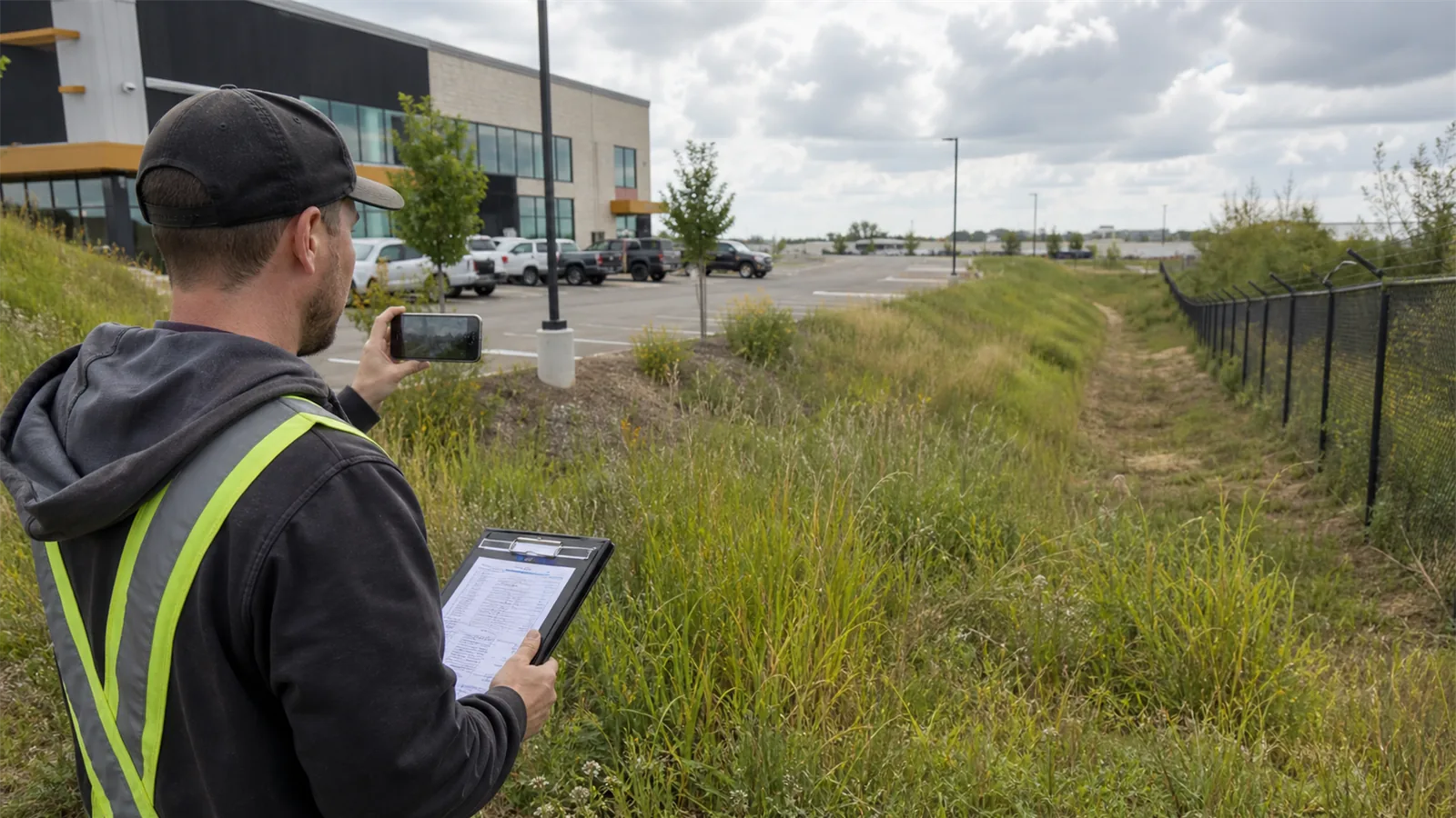 Photos and short notes help LawnSharks price control Overgrown Grass Around Commercial Sites with less back-and-forth.