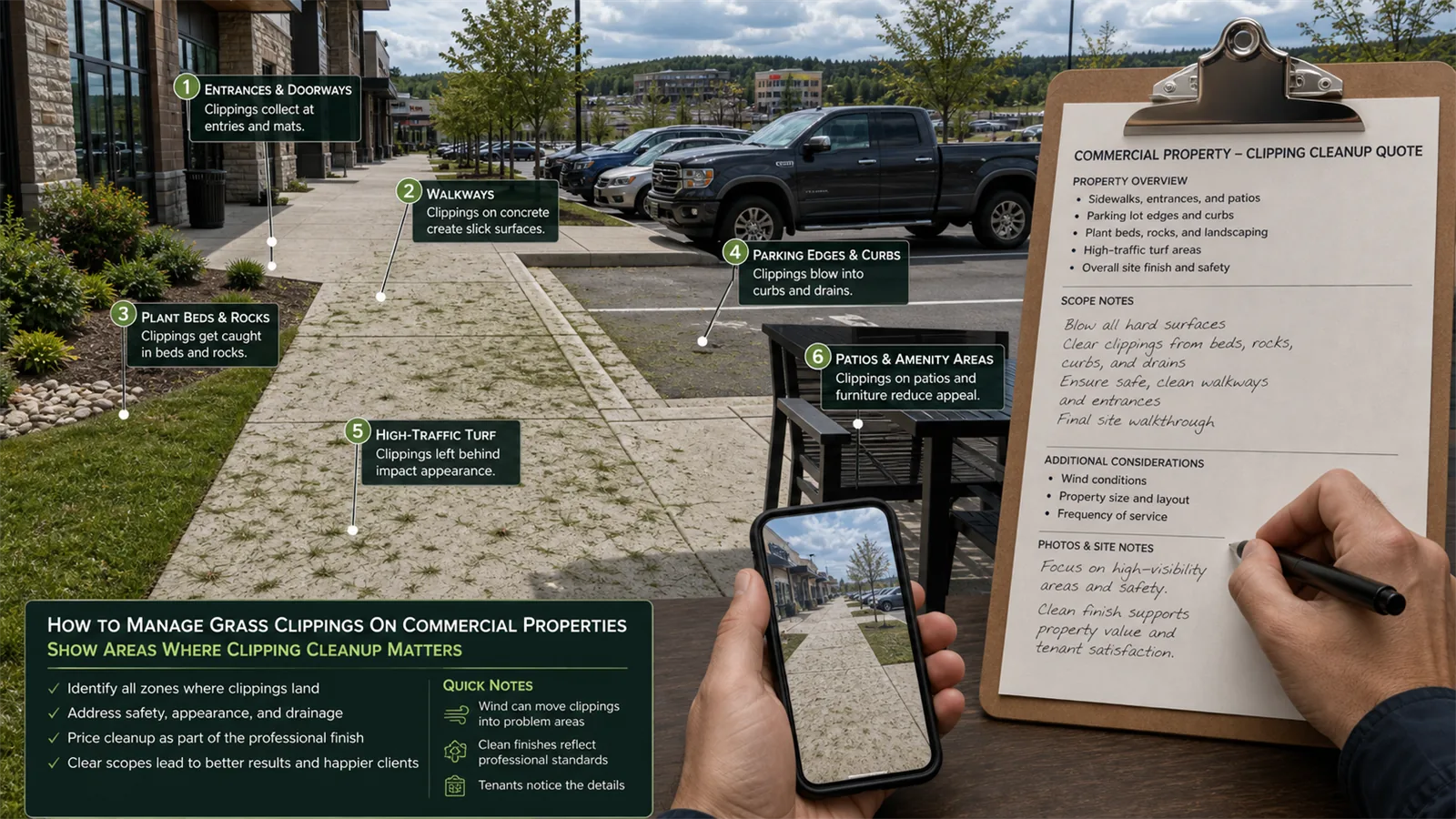 Photos and short notes help LawnSharks price manage Grass Clippings on Commercial Properties with less back-and-forth.