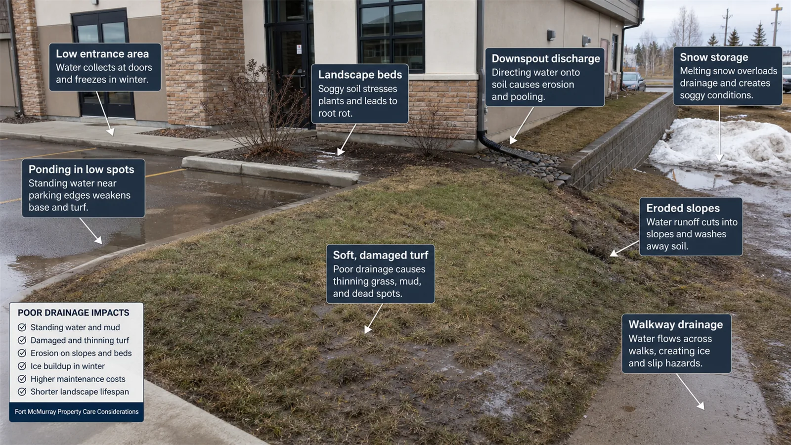 The first pass should connect drainage problems in commercial landscaping to the parts of the property people actually use.