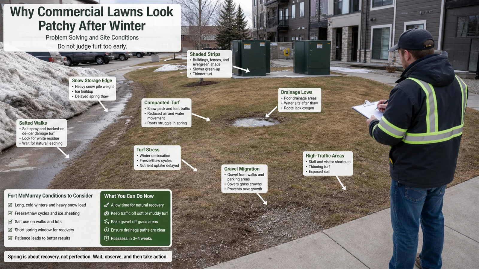 The first pass should connect winter lawn damage and spring recovery to the parts of the property people actually use.