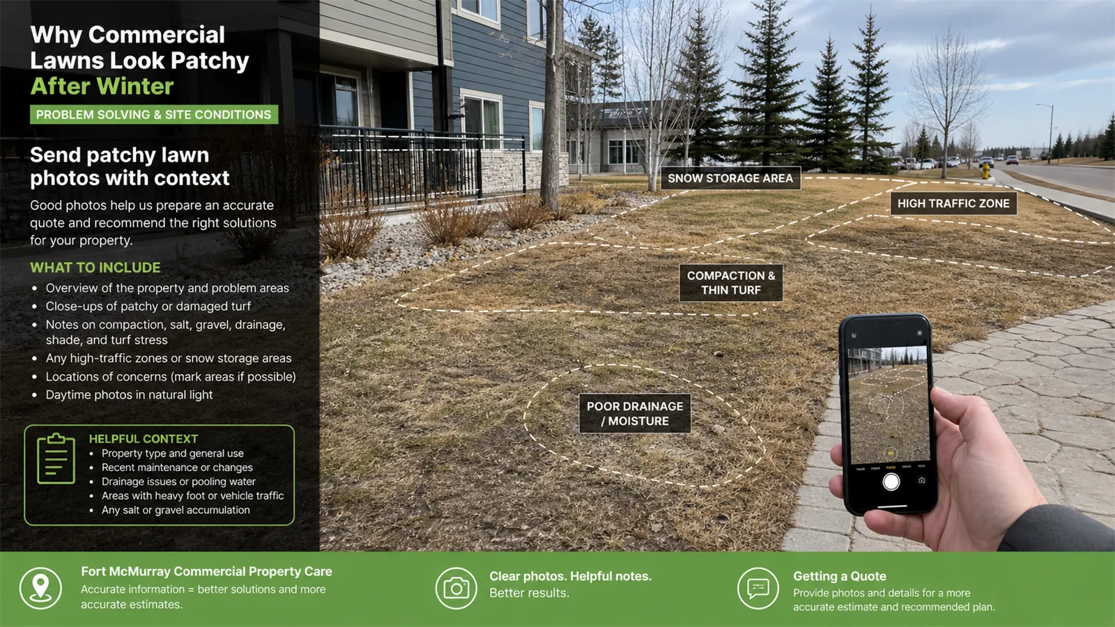 spring photos that show the pattern of damage instead of only one closeup of dead grass.