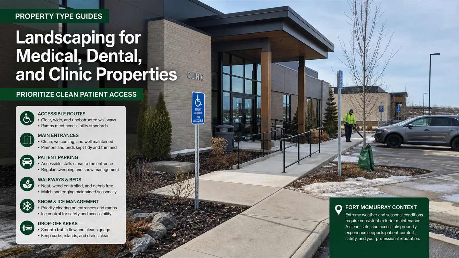 The first pass should focus on the areas where landscaping for Medical, Dental, and Clinic Properties changes access, appearance, or timing.