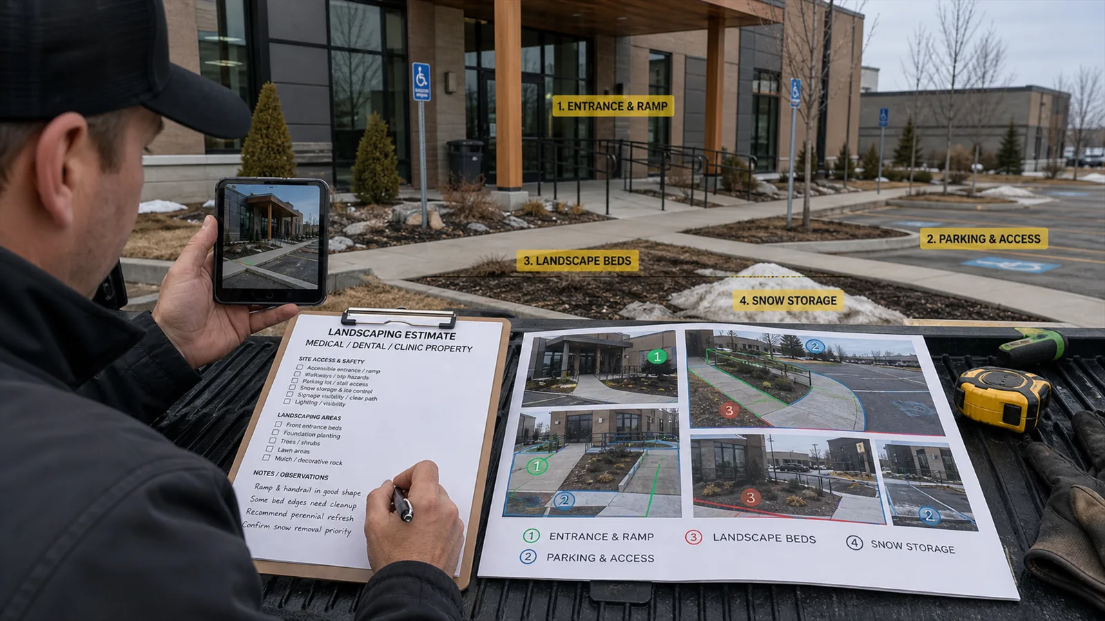 Photos and short notes help LawnSharks price landscaping for Medical, Dental, and Clinic Properties with less back-and-forth.
