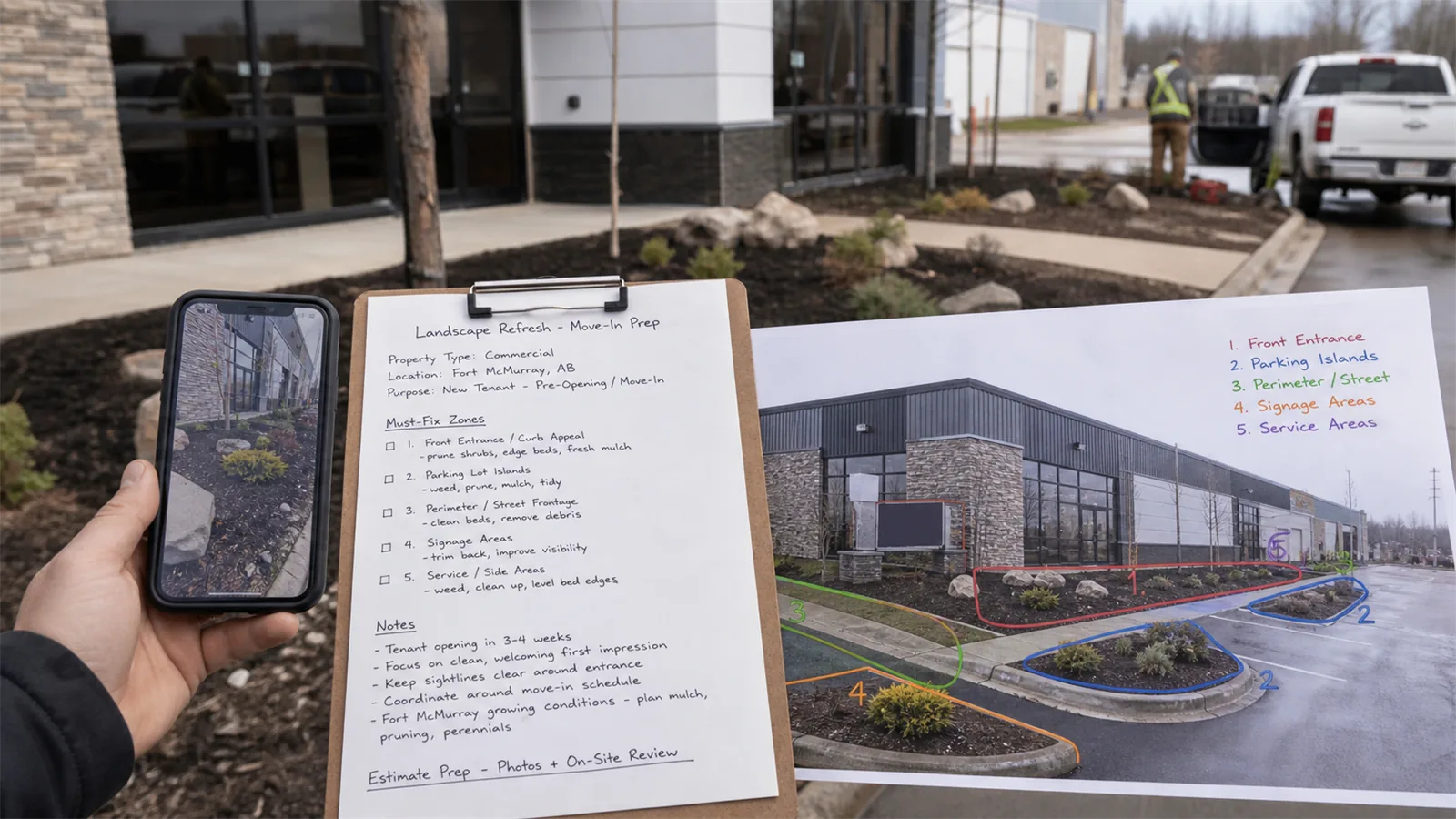 Photos and short notes help LawnSharks price landscaping for New Commercial Tenants Moving Into a Property with less back-and-forth.