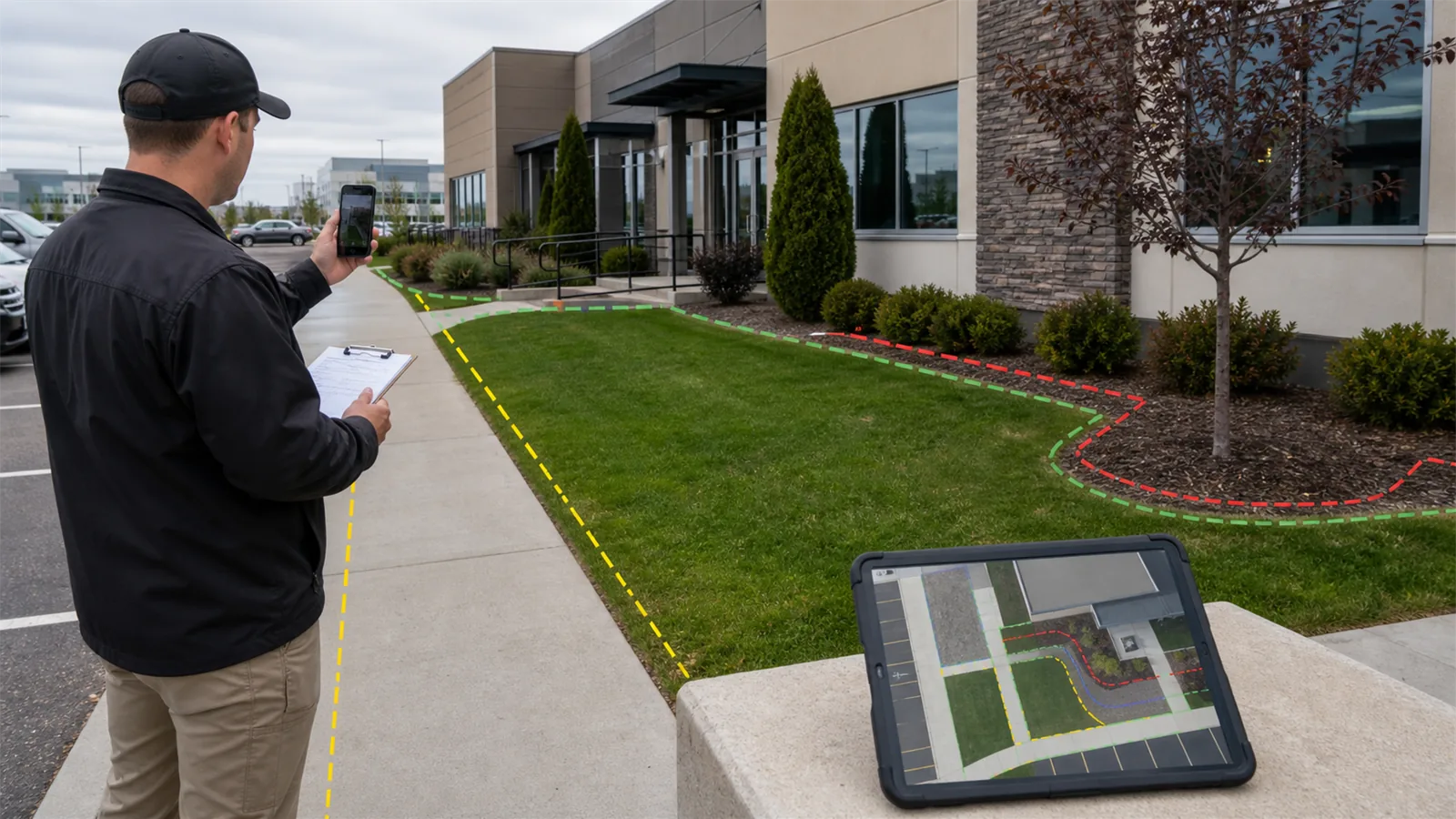 Photos and short notes help LawnSharks price landscaping for Office Buildings and Professional Properties with less back-and-forth.