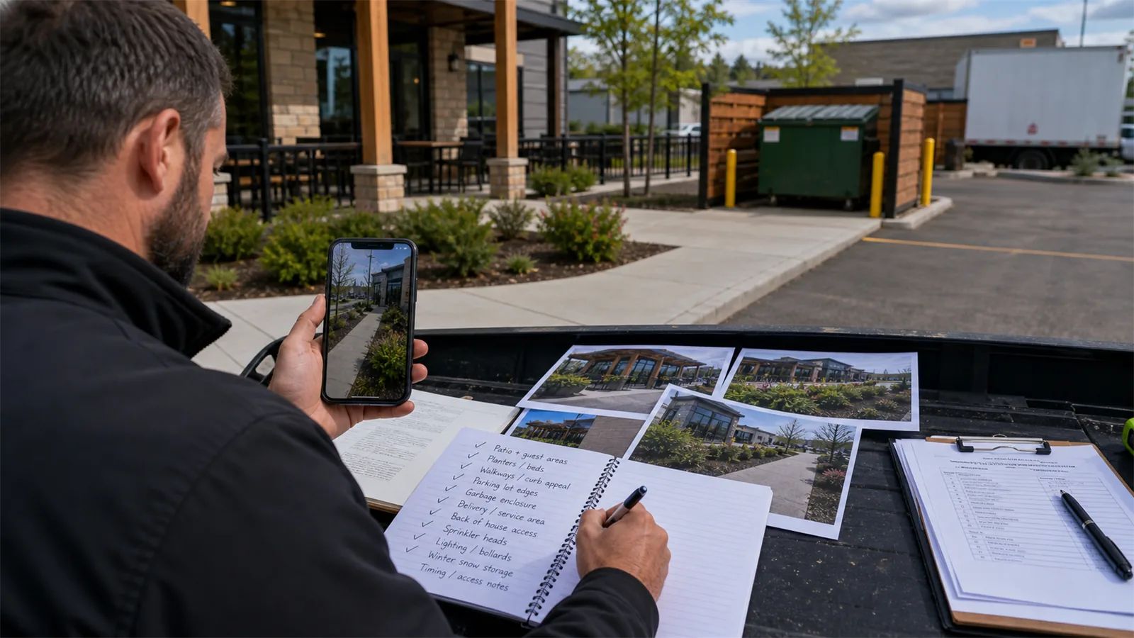 Photos and short notes help LawnSharks price landscaping for Restaurants and Hospitality Properties with less back-and-forth.