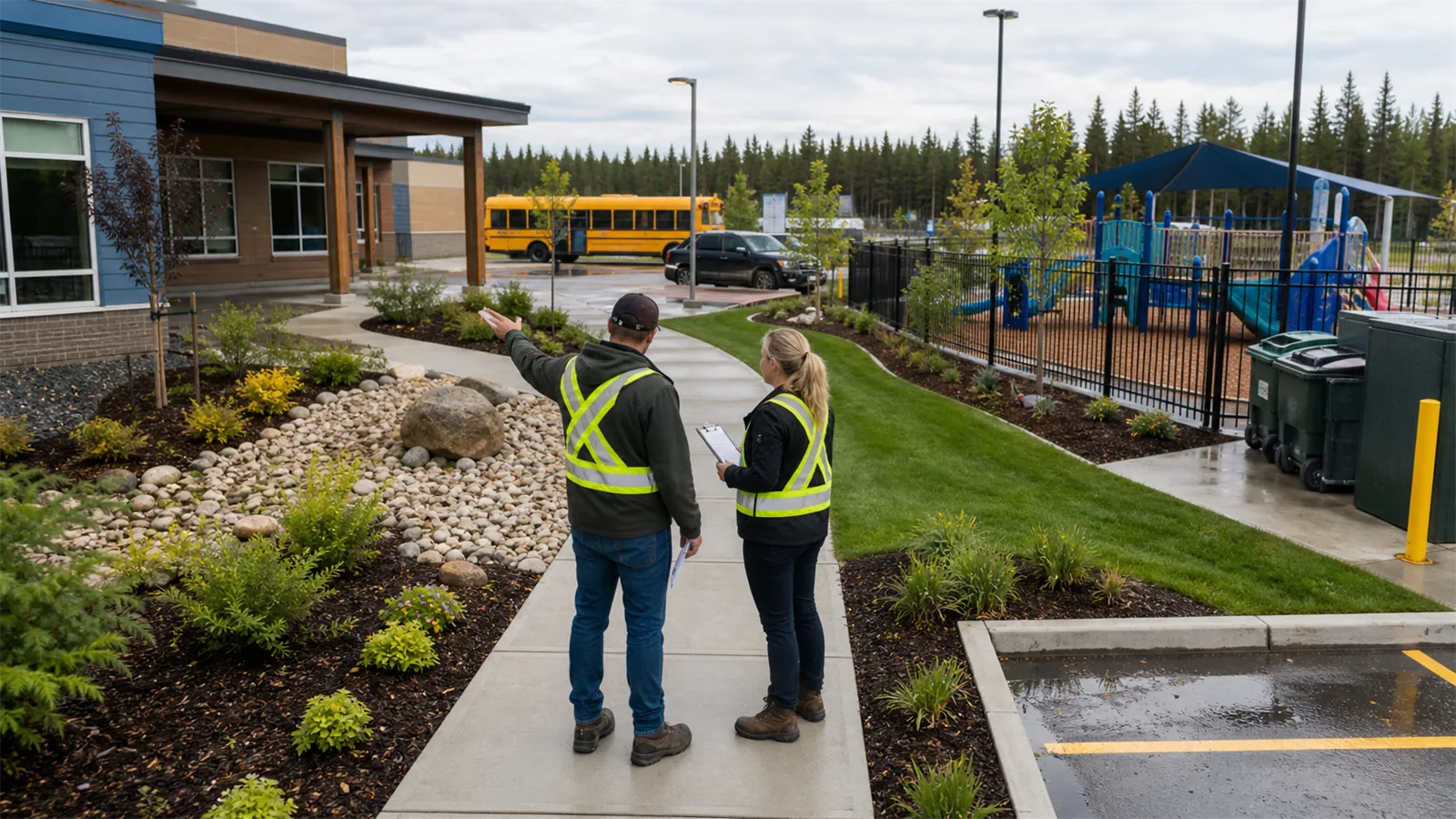 The first pass should focus on the areas where landscaping for Schools, Daycares, and Community Properties changes access, appearance, or timing.