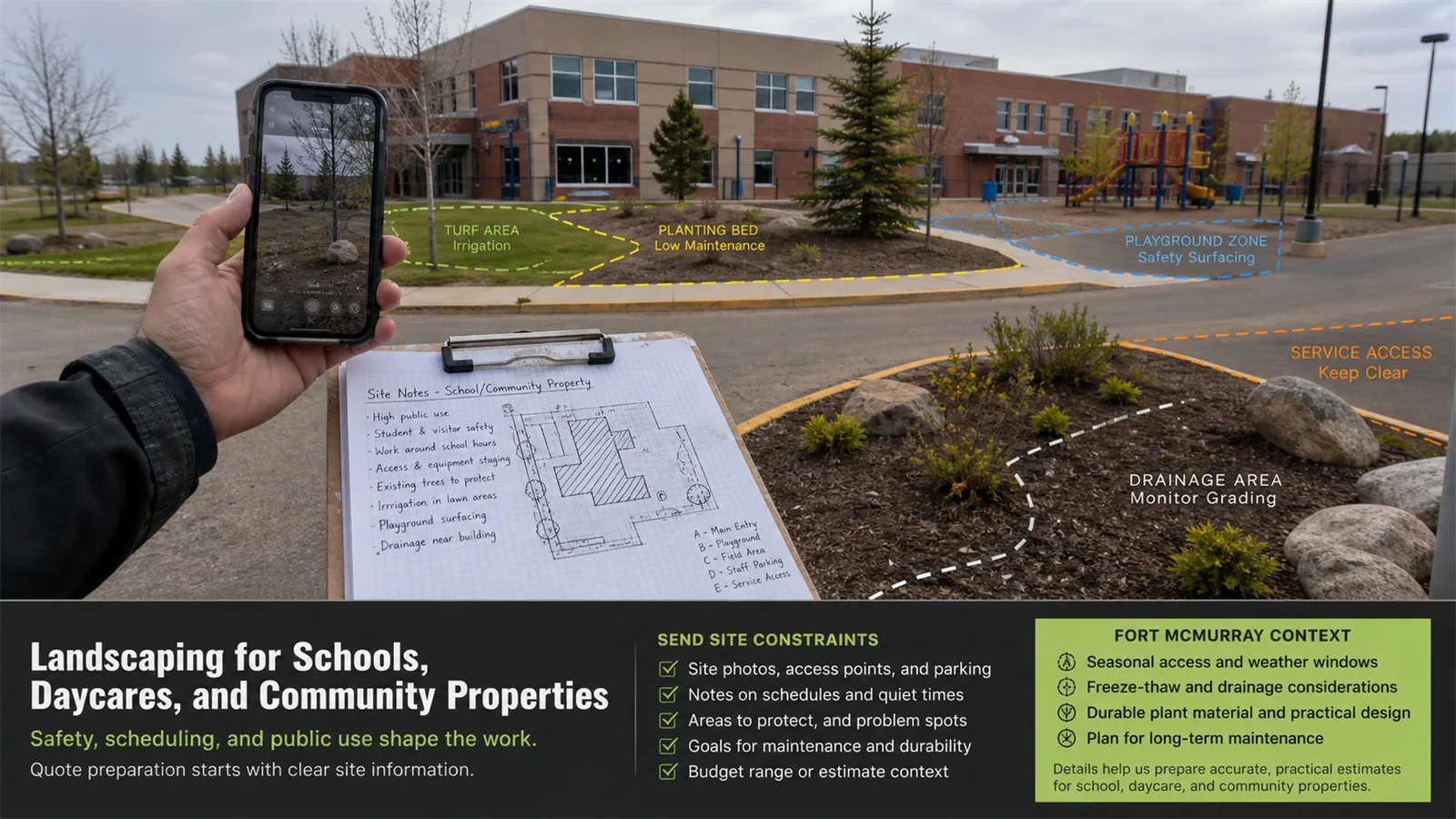 Photos and short notes help LawnSharks price landscaping for Schools, Daycares, and Community Properties with less back-and-forth.