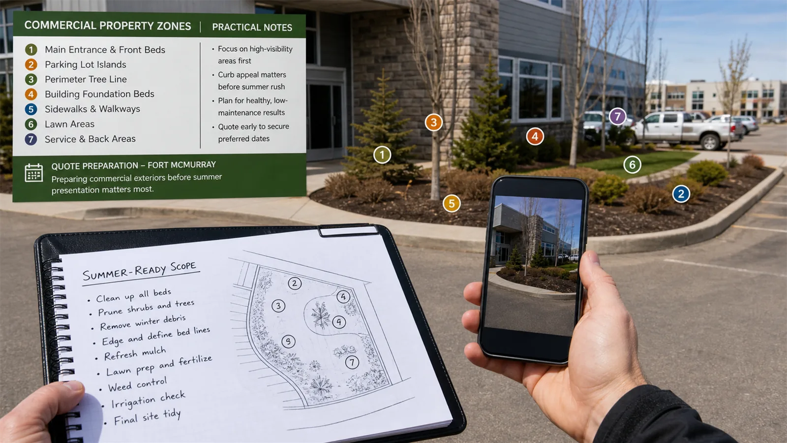 Photos and short notes help LawnSharks price get a Commercial Property Ready for Summer with less back-and-forth.