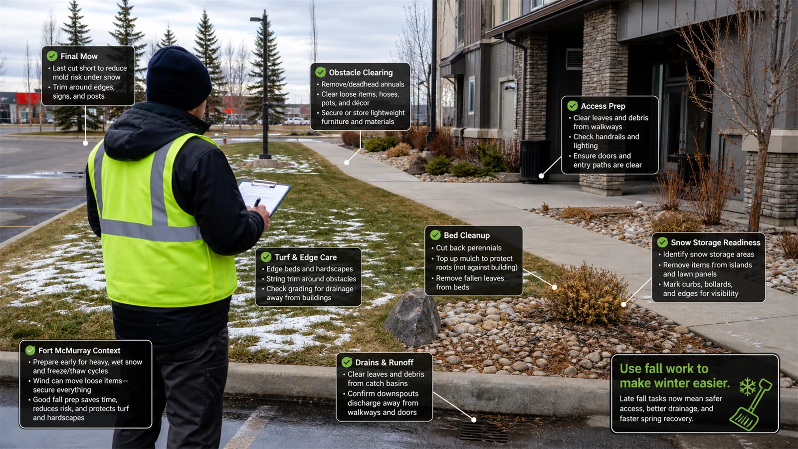 The first pass should focus on the areas where late Fall Landscaping Tasks Before Snow Arrives changes access, appearance, or timing.