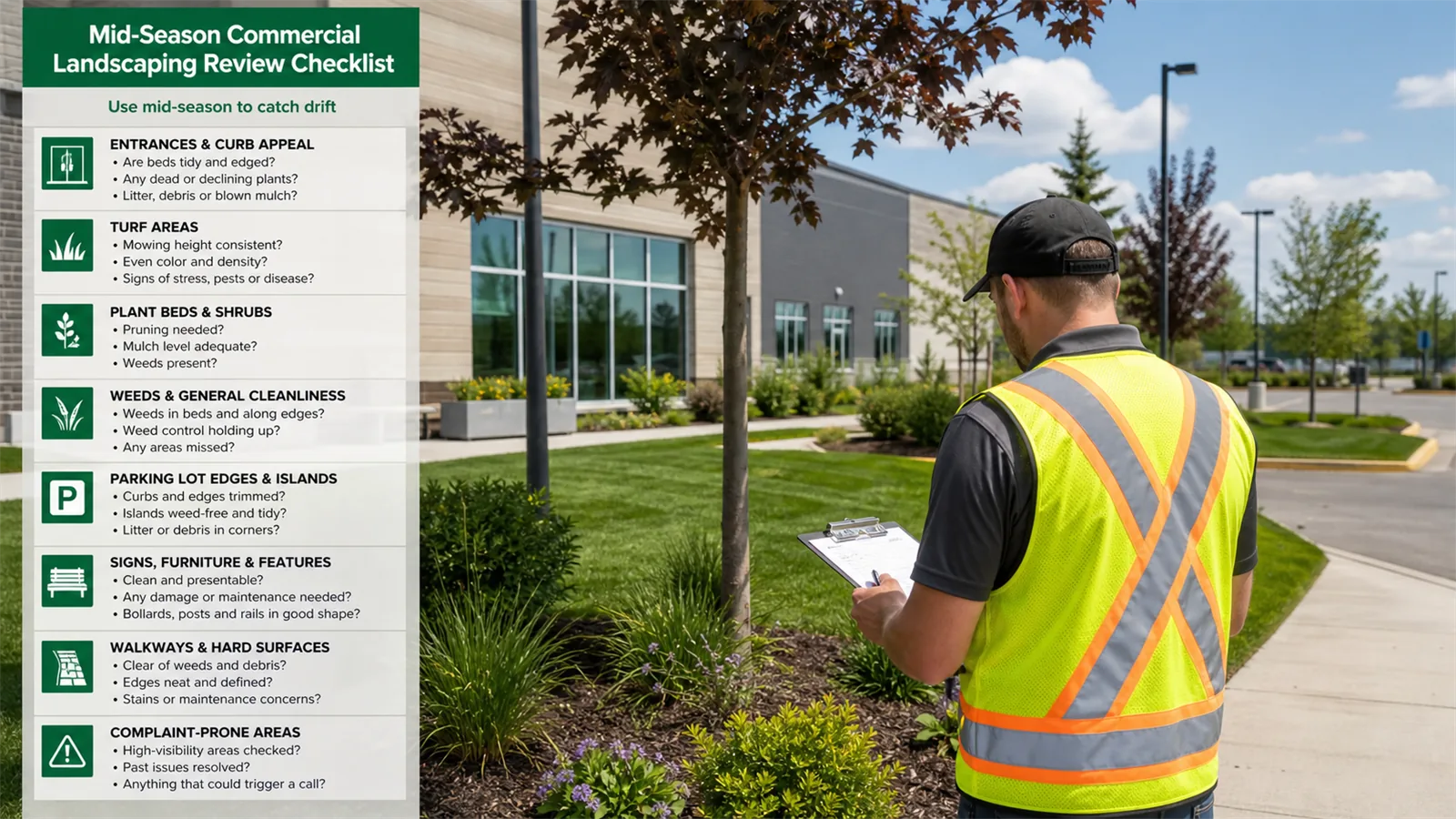 The first pass should focus on the areas where mid-Season Commercial Landscaping Review Checklist changes access, appearance, or timing.