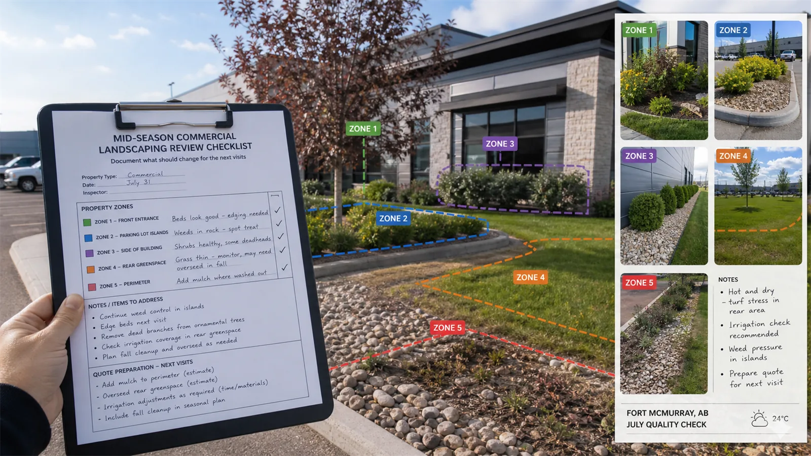 Photos and short notes help LawnSharks price mid-Season Commercial Landscaping Review Checklist with less back-and-forth.