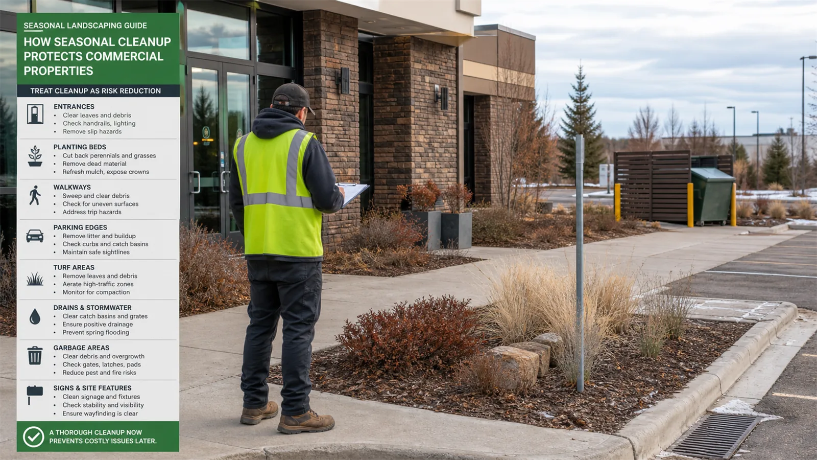 The first pass should connect seasonal cleanup as preventive maintenance to the parts of the property people actually use.