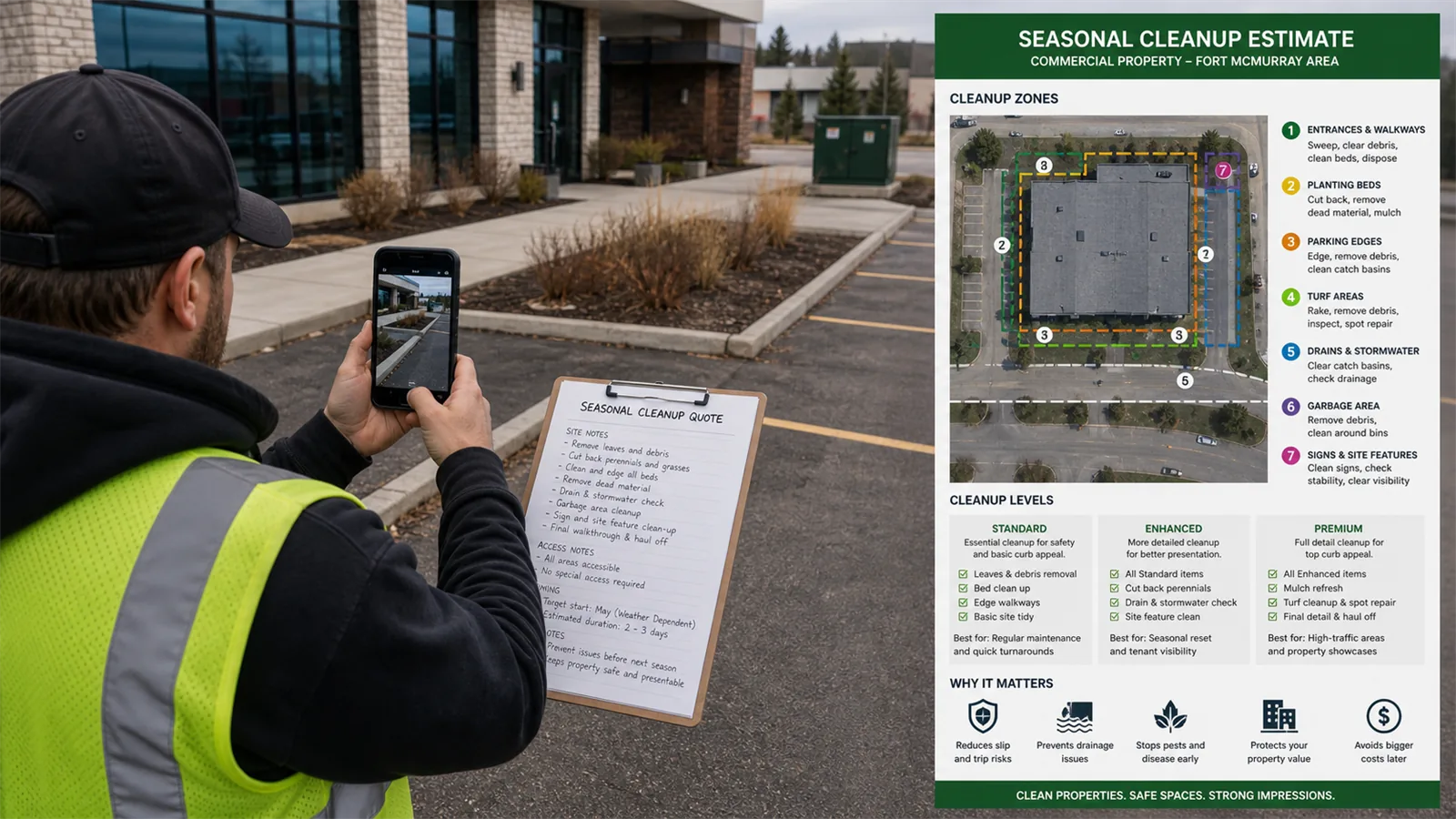 before-and-after photos of the areas where buildup would affect access, turf health, or winter readiness.