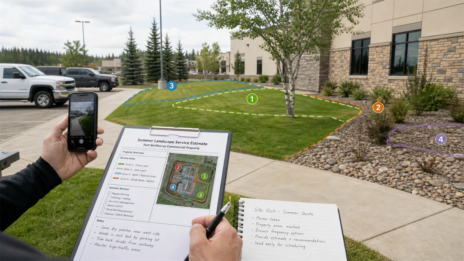 Photos and short notes help LawnSharks price summer Lawn Care Tips for Fort McMurray Businesses with less back-and-forth.