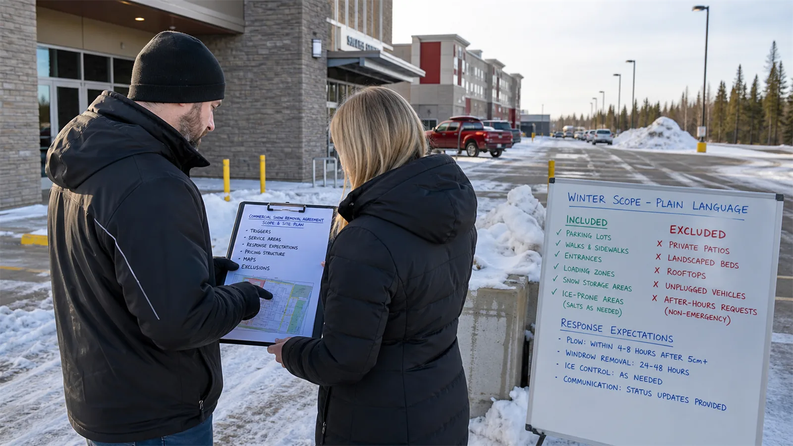 The first pass should focus on the areas where to Include in a Commercial Snow Removal Agreement changes access, appearance, or timing.
