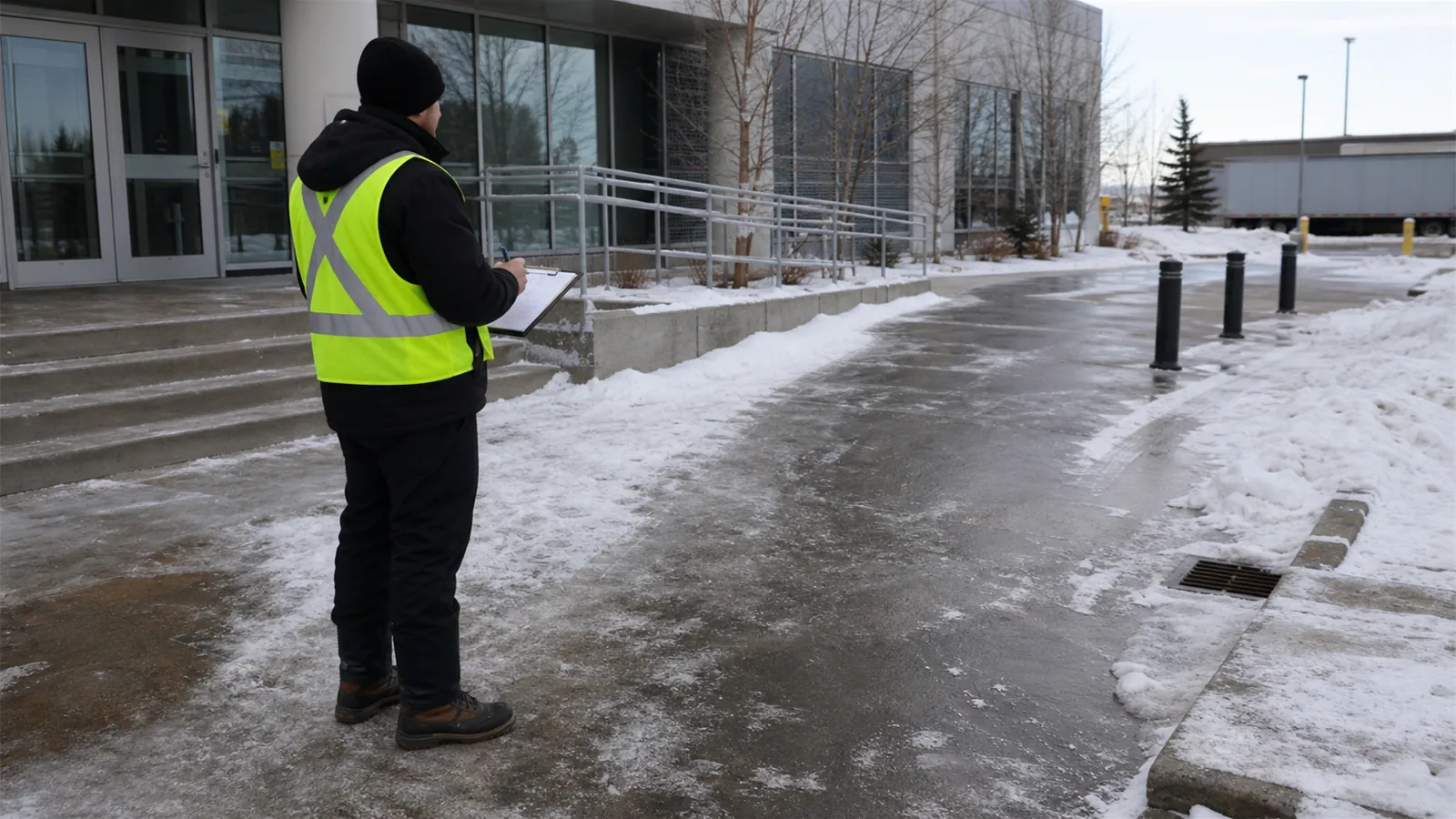 The first pass should connect ice control as part of winter property care to the parts of the property people actually use.
