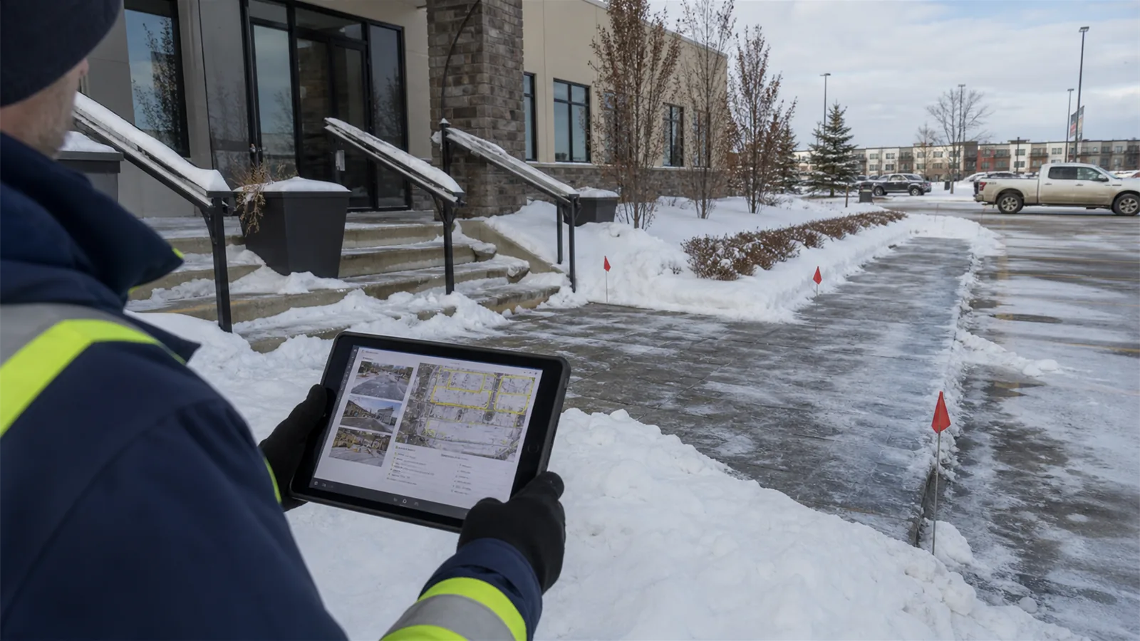 photos of recurring ice-prone spots plus notes about timing, traffic, meltwater, and priority entrances.